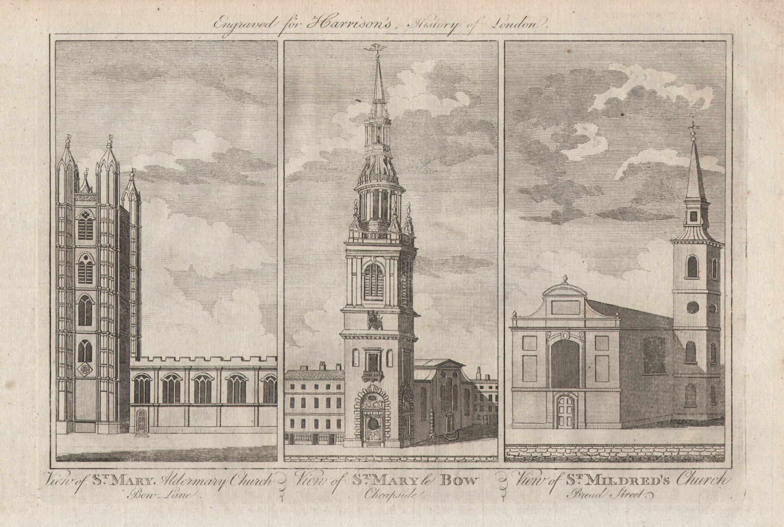 WREN CHURCHES St Mary Aldermary. St Mary-le-Bow. St Mildred's, Bread St 1776